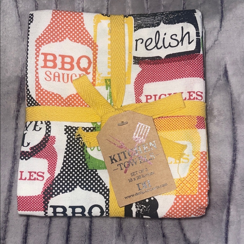 Kitchen Towels Set - BBQ Sauce & Relish Design in Yellow, Red, Black